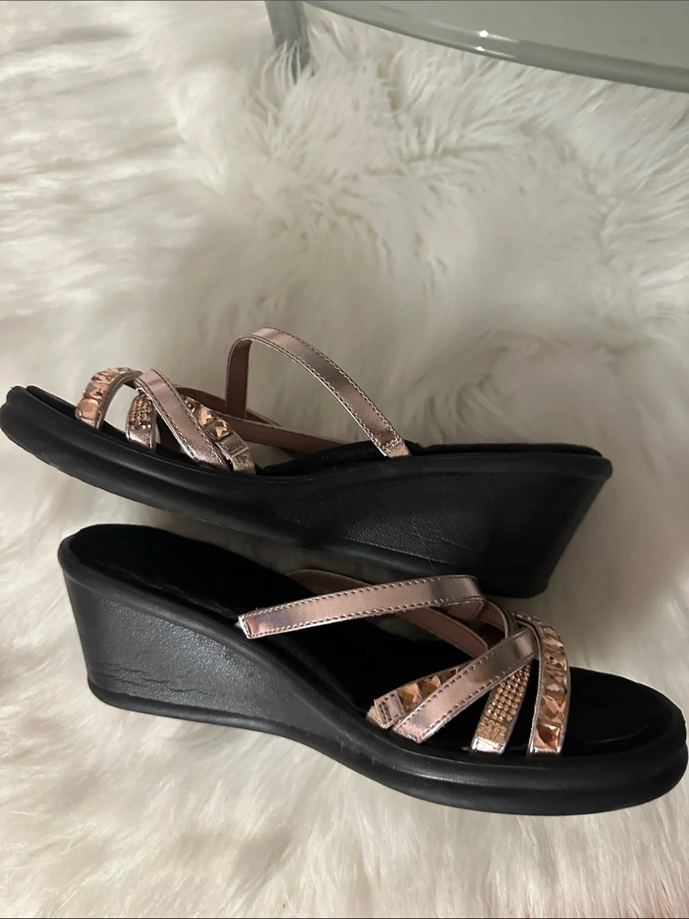 Skechers Metallic Rose Gold Studded Wedge Sandals